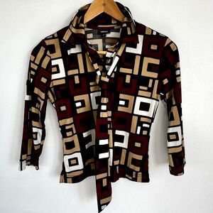 Vintage Retro Art Deco 70's Style Y2K Shirt Tie/Belt 3/4 Sleeves Brown Size XS